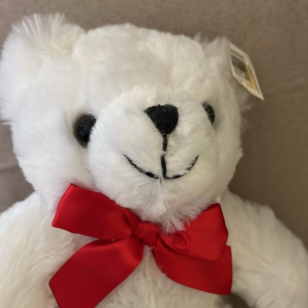 White teddy bear with red bow - Picture 2 of 6
